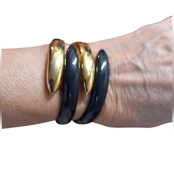 Navy Blue & Gold Toned Hinged Clamp Claw Style Bracelet Fits Small Wrists - Picture 2 of 7